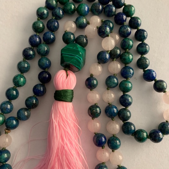 108 Knotted Bead Mala - Rose Quartz & Green Lace Agate W/Malachite Guru - Picture 3 of 5
